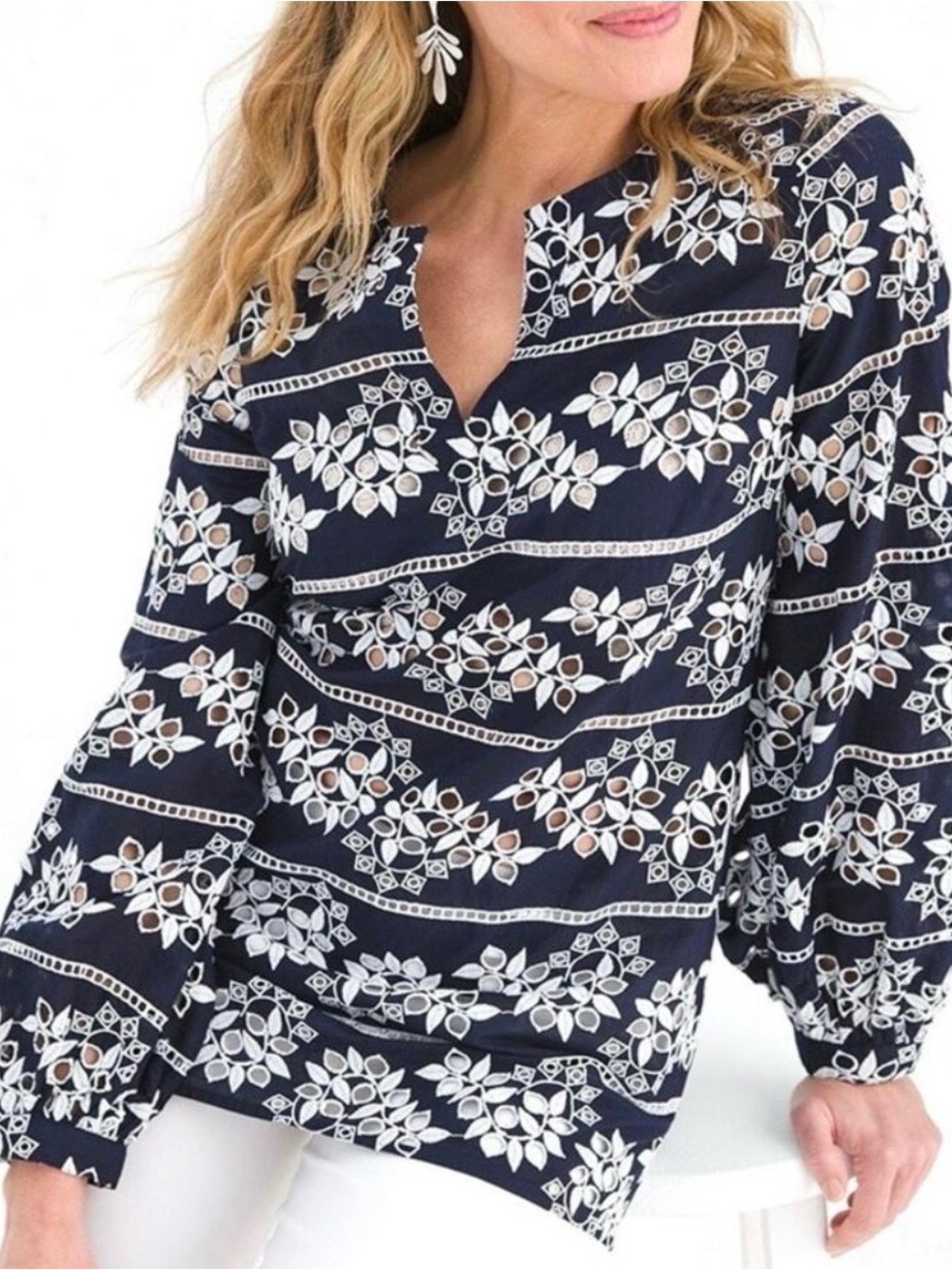 Chico's Floral Embroidered Eyelet Tunic Top Balloon Sleeve Preppy Boho Sz L